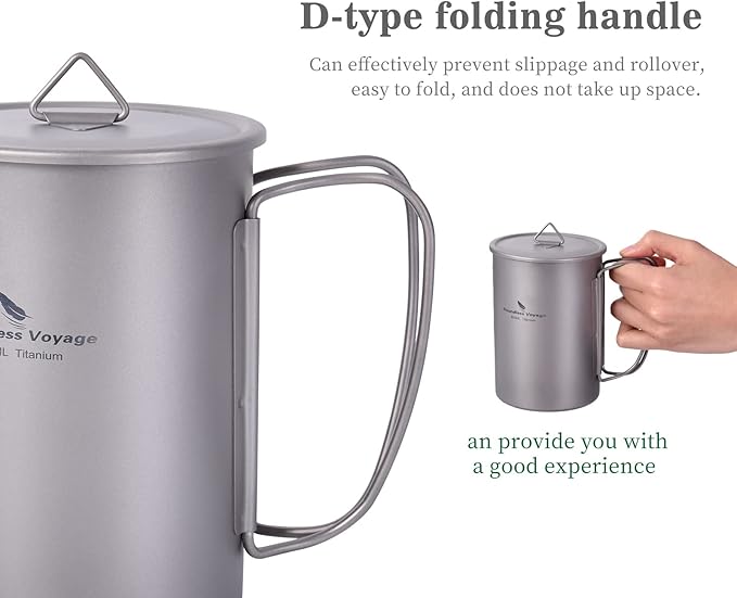 iBasingo 1050ml Titanium Bottle 600ml Nesting Cup Outdoor Camping Single Layer Wide Mouth Cookware Lightweight Portable Bottle Mug Hiking Picnic Solo Cooking Mess Kit