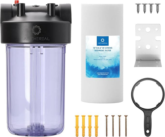 Airthereal Whole House Water Filter Housing, 10" x 4.5" Sediment Carbon Cartridge Universal Housing, Pre-Filtration System for Well and City Water, Clear Housing Include 1-Pack PP Filter