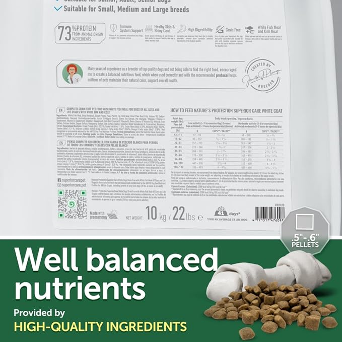 Nature's Protection Dry Dog Food for Puppy & Adult - High Protein, Grain Free Tear Stain Formula - Dog Kibble for Small, Medium & Large Breed with Light Coat (Superior Care - White Fish, 22 lb)