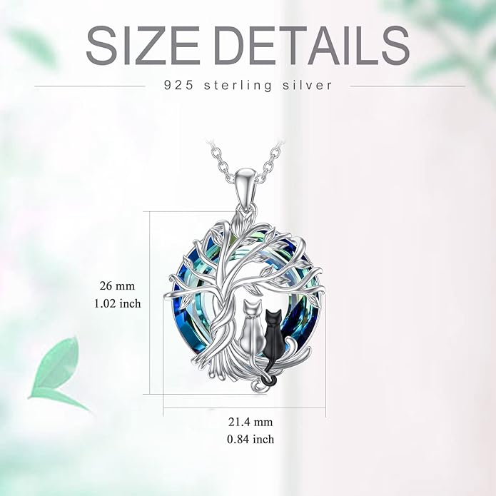 TOUPOP Cat Gifts for Cat Lovers Sterling Silver Cute Cat Tree of Life Pendant Necklace with Blue Circle Crystal Birthday Christmas Jewelry Gifts for Women