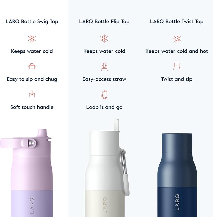LARQ Bottle Swig Top 34oz - Insulated Stainless Steel Water Bottle With Built-In Silicone Handle | Thermos, BPA Free | Reusable Water Bottle for Sports, Gym, and Travel, Luberon Lavender