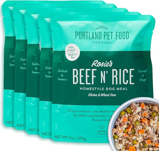 Portland Pet Food Company Rosie’s Beef N' Rice Fresh Dog Food Pouches - Human-Grade, Gluten-Free Wet Pet Meal Topper & Mixers - Small & Large Breed Puppy & Senior Dogs - Made in The USA - 5 Pack