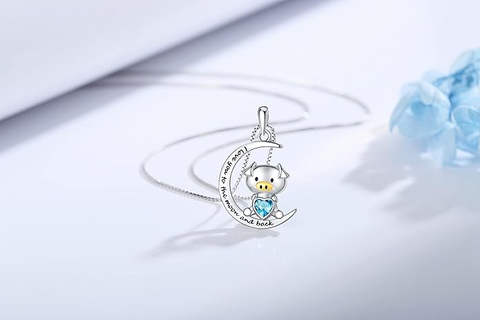 925 Sterling Silver Pig/Koala/Frog/Cat Horse Necklace I Love You to the Moon and Back Cute Animal Love Heart Moon Pendant Necklaces Jewelry Birthday Gifts for Women Best Friends