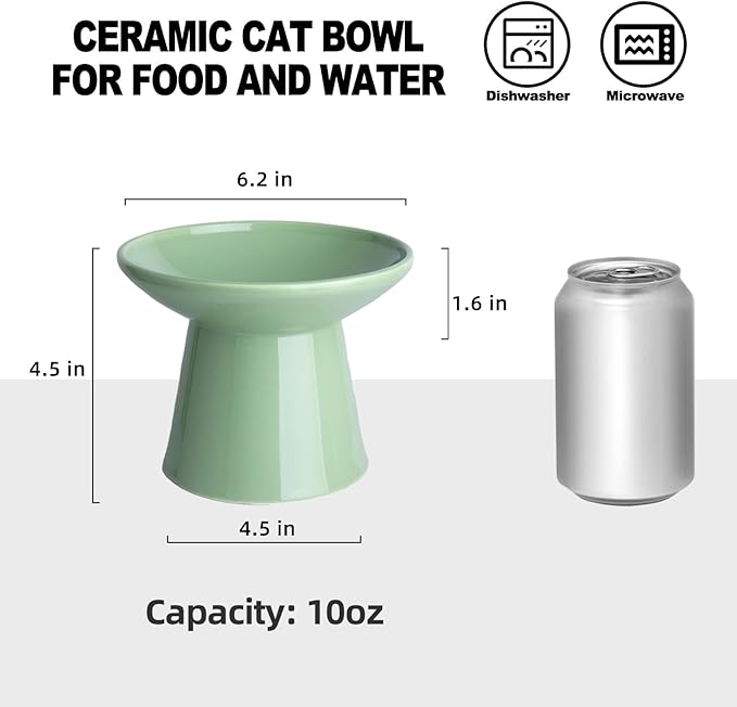 6.2 Inch Extra Wide Elevated Ceramic Cat Bowls, Food and Water Bowl Set for Elder Big Cats Small Dogs, Raised Design for Pet Easy Eating, Protect Cat's Spine Set of 1(Green)