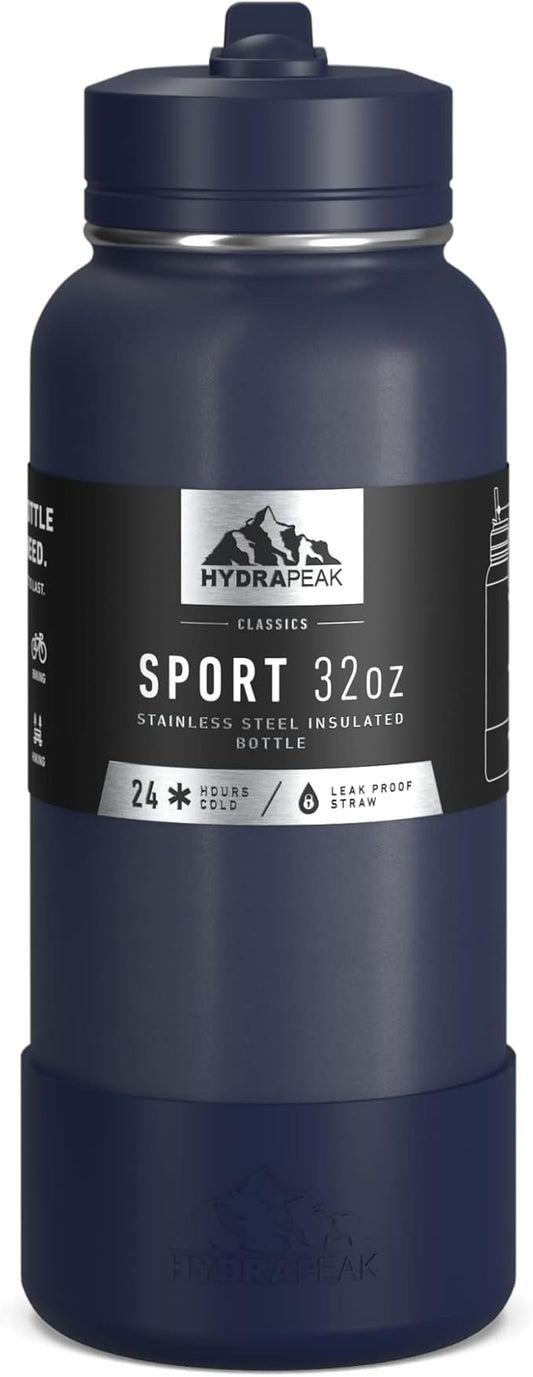 Hydrapeak 32oz Sport Insulated Water Bottle with Straw or Chug Lid, Leak & Spill Proof, Keeps Drinks Cold for 24 Hours, Hot for 12 Hours, Premium Stainless Steel Water Bottles (32oz, Navy)