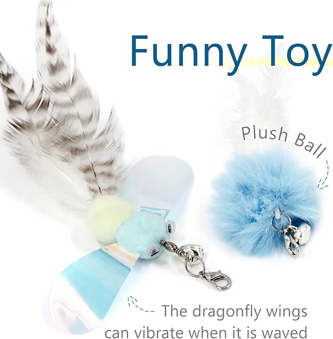 SONGWAY Cat Feather Toys Wand - 7 Pcs Interactive Cat Toys for Indoor Cat Kitten, Retractable Cat Wand Toy with 6 Feather Teaser Refills with Bell, Cat Fishing Pole Toy, Blue