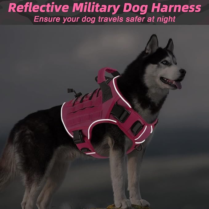 WINGOIN Pink Tactical Dog Harness for Large Dogs, Heavy Duty No Pull Dog Harness with Handle, Adjustable Reflective Military K9 German Shepherd Big Size Dog Vest for Walking, Training, Hunting (L)