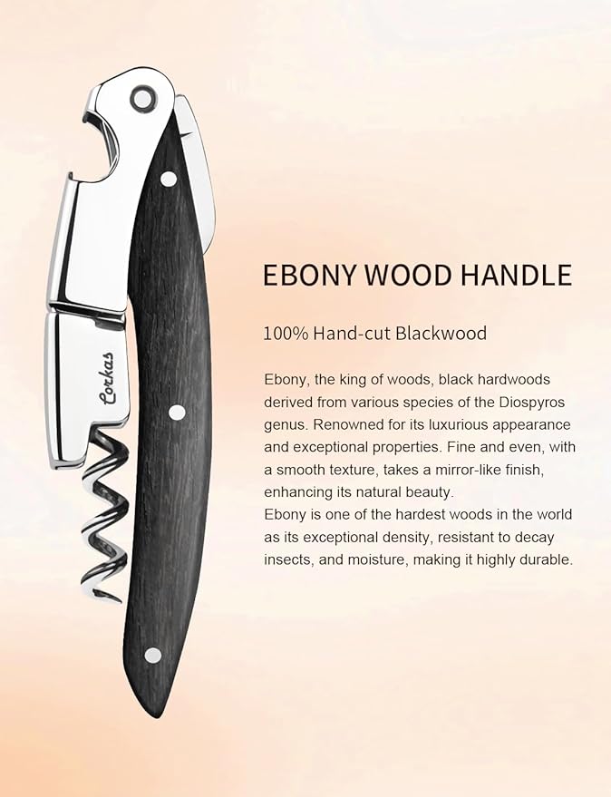 Wine Key - CORKAS Prestige Waiter Corkscrew with Ebony Handle, Handcrafted Wine Opener Manual with Double Hinged, Foil Cutter and Bottle Opener, Ideal Gifts for Sommelier, Bartenders, Servers