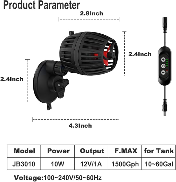 Carefree Fish Aquarium DC12V 10W Wave Maker 4 Level Adjustable Flow Rate Powerhead 1500Gph Wave Pump for 10~60Gal Freshwater and Saltwater Fish Tank