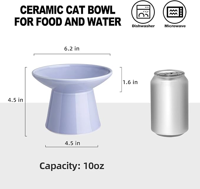 6.2 Inch Extra Wide Elevated Ceramic Cat Bowls, Food and Water Bowl Set for Elder Big Cats Small Dogs, Raised Design for Pet Easy Eating, Protect Cat's Spine Set of 1(Light Purple)