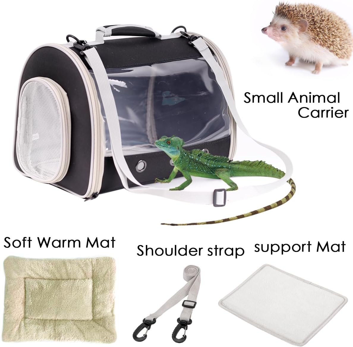Small Animal Travel Backpack Carrier,Portable Bearded Dragon Bag for Sugar Glider,Hedgehog,Rat,Bunny,Rat,Outdoor Used (Black, Carrier L+ I Leash)