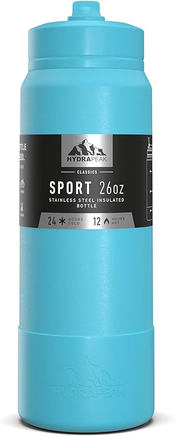 Hydrapeak 26oz Sport Insulated Water Bottle with Straw or Chug Lid, Leak & Spill Proof, Keeps Drinks Cold for 24 Hours, Hot for 12 Hours, Premium Stainless Steel Water Bottles (26oz, Belize)
