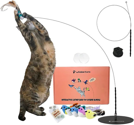 Interactive Bird Simulation Cat Toy Set, Interactive Cat Toys for Indoor Cats, Cat Feather Toy, Self-Holding Suction Cup, 5 Catnip Birds, Feathers, Bells (Catnip Hybrid Bundle)