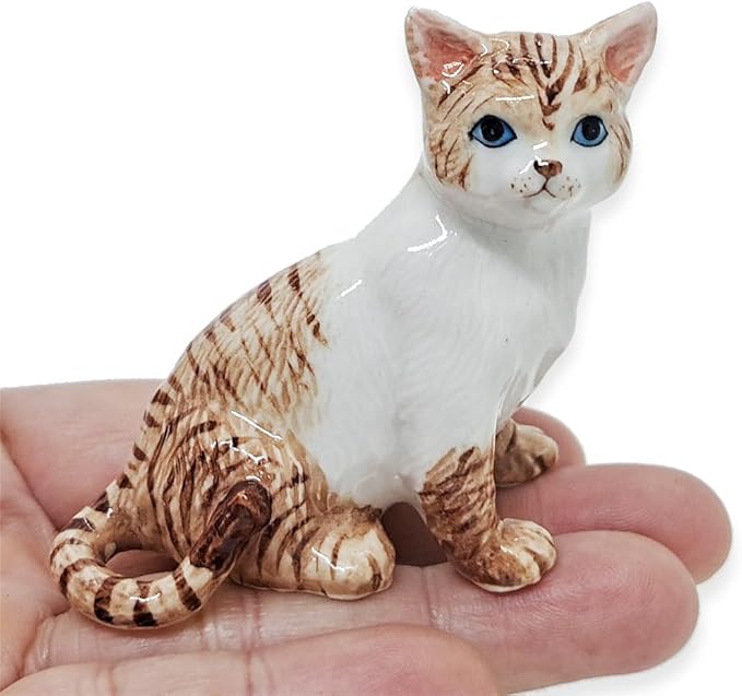 WitnyStore Tiny 2¼" Brown White Tabby Shorthair Cat Sitting Look Right Figurine - Miniature Hand Made Painted Ceramic Cats Kitten Feline Animal Cute Porcelain Decorative Collectible Figure Décor Gifts