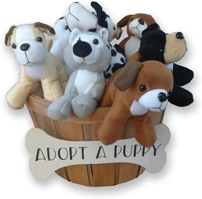 4E's Novelty Plush Dogs Animals (12 Pack) Assorted Stuffed Puppies - 5 Inches, Small Plushed Animals, 6 Designs - for Birthday Party Favors Gifts for Kids