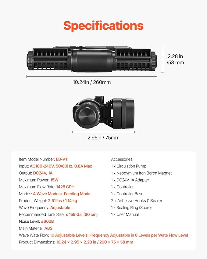 VEVOR Aquarium Wave Maker, 15W, 1428 GPH Adjustable Cross Flow Pump with Controller, Magnetic DC 24V Aquarium Powerhead, Strong Magnetic Base, 360° Rotating Wavemaker, for Saltwater Marine Freshwater