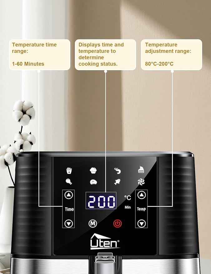 5.5L Air Fryer, Electric Oilless Cooker with LED Digital Touchscreen, 7 in 1 Uten Hot Oven Cooker, 6 Quart Large Stainless Steel Non-Stick Air Frier Pot, 1700W(Silver Black)