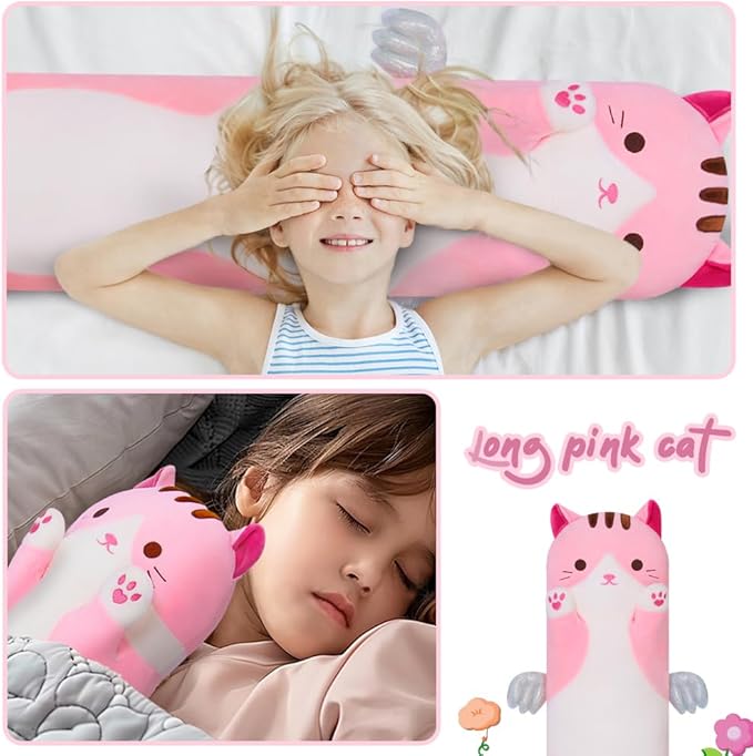 Long Plush Toy Cat Pillow Cute Plush Cat Toy Doll Stuffed Animal Cat Hugging Pillow for Sleeping Gift for Kids and Girls(Pink,110cm/43.3in)