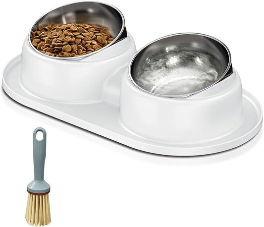Tilted Elevated Cat Bowls, Dog Water and Food Bowl Set Anti Vomiting, Stainless Steel Pet Bowls with Base, Non-Slip Pet Feeder Bowls for Puppy Small Dogs Cats