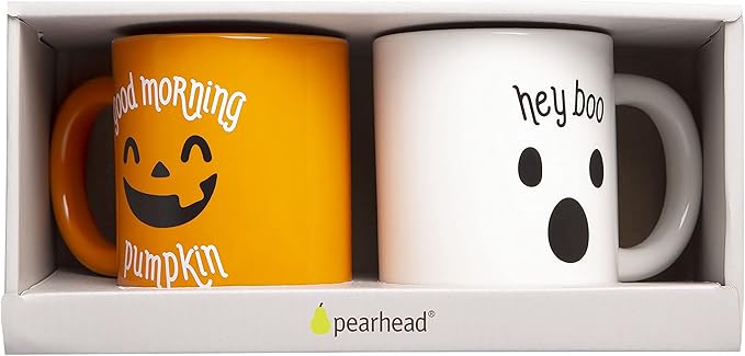 Pearhead Halloween Mug Set, Good Morning Pumpkin and Hey Boo Coffee Mugs, Novelty Fall Holiday Cups, Set of 2, 13 oz