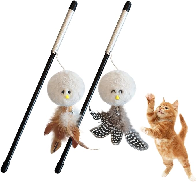 Interactive Cat Wand Toy Set,2 PCS Feather Plush Ball Cat Toys with Catnip & Bell Cats Teaser Sticks for Indoor Play Chase Exercise with Kittens