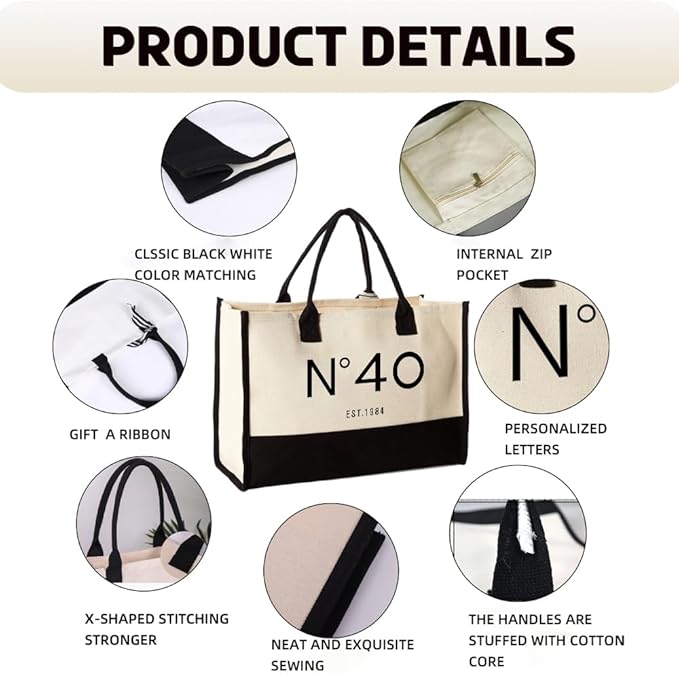 40th Birthday Gift Canvas Tote Bag for Women,N°40 EST.1984 Keepsake Beach Bag 40 Party Birthday Present for Her