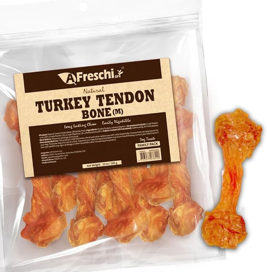 AFreschi Turkey Tendons for Dogs, USA-Sourced, Healthy Dog Treats, Rawhide-Free Puppy Chews, Long Lasting, All Natural, Hypoallergenic Dog Treats for Medium Breeds, 10 oz Pack Bone (M)