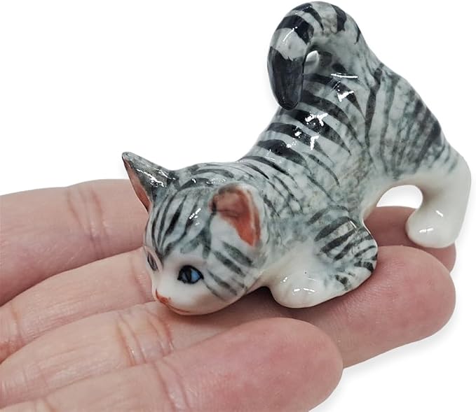 WitnyStore Tiny 2⅛" Gray White Tabby Shorthair Cat Bending Down Figurine - Miniature Hand Made Painted Ceramic Cats Kitten Feline Animal Cute Porcelain Decorative Collectible Figurines Décor Gifts