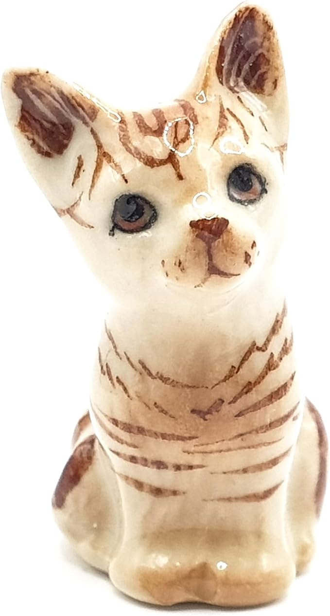 WitnyStore Tiny 1⅛" Brown Tabby Shorthair Cat Sitting Tilt Head Figurine - Miniature Hand Made Painted Ceramic Cats Kitten Feline Animal Cute Porcelain Decorative Collectible Figurines Décor Gifts