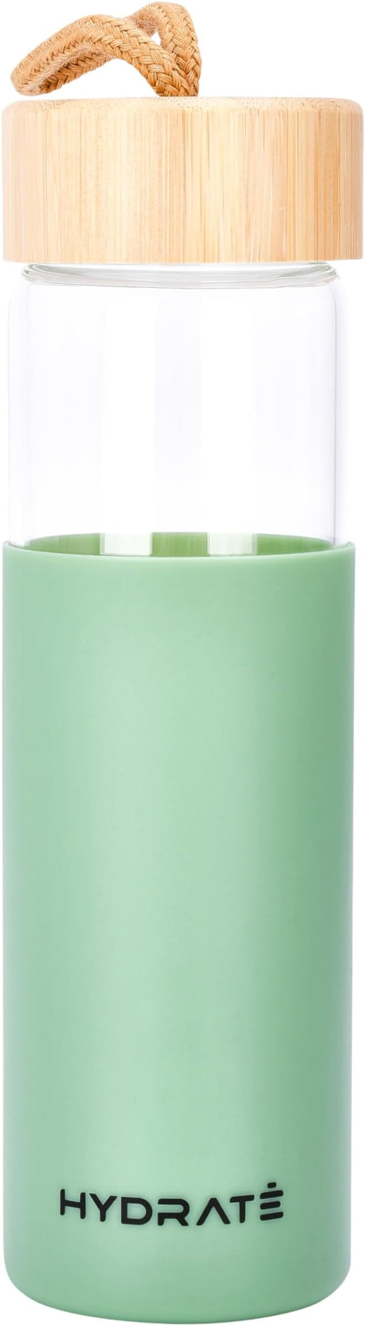 HYDRATE Glass Water Bottle, 25 oz - Gym Drinking Bottles with Slip Resistant Silicone Sleeve and Leak Proof Bamboo Lid - Clear Sports Bottle Made of Borosilicate Glass (10 x 3 inches, Olive Green)