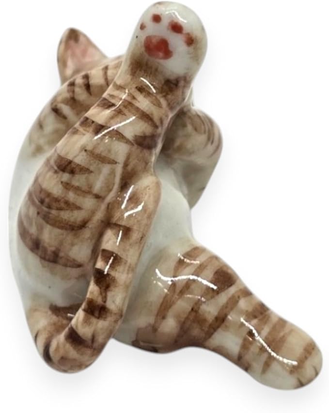 WitnyStore Tiny 1¾" Long White Brown Tabby Shorthair Cat Lying Leg Up Figurine - Miniature Hand Made Painted Ceramic Cats Kitten Feline Animals Cute Porcelain Decorative Collectible Figure Décor Gifts