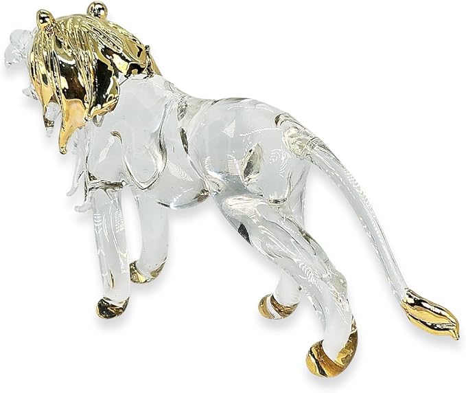 WitnyStore Tiny 5" Long Clear Gold Standing Lion Roaring Figurine - Miniature Hand Blown Painted Glass Panthera Wild Cat Small Crystal Wildlife Animals Decorative Collectible Figurines Décor Gifts