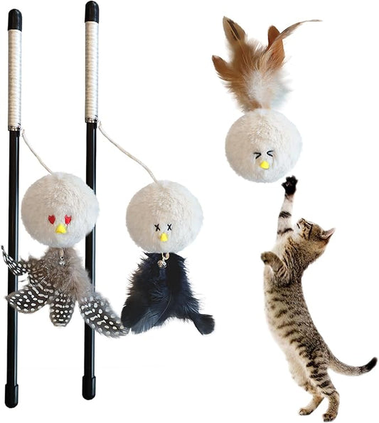 3 PCS Cat Wand Feather Toy, Cat Teaser Sticks with Catnip & Bell Interactive Plush Ball Cats Toys for Indoor Play Chase Exercise with Kittens