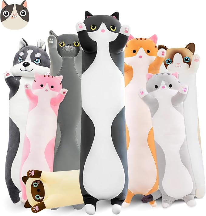 Long Cat Plush Pillow, 19.6in Cute Black Cat Plushie Stuffed Animals Body Pillow, Kawaii Kitten Soft Plushie Doll Toy Birthday Gift for Kids Girlfriend