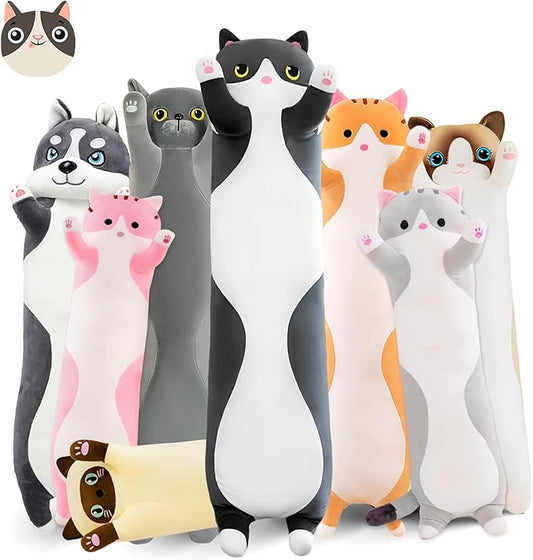 Long Cat Plush Pillow, 19.6in Cute Black Cat Plushie Stuffed Animals Body Pillow, Kawaii Kitten Soft Plushie Doll Toy Birthday Gift for Kids Girlfriend