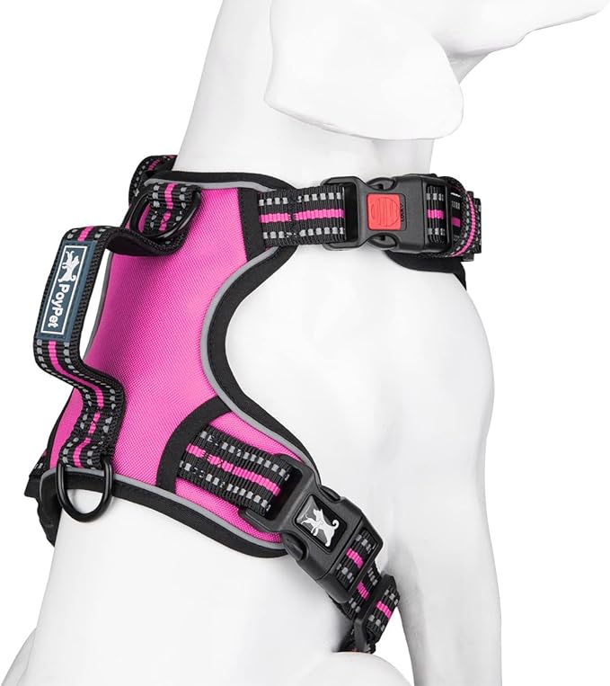 PoyPet No Pull Dog Harness, No Choke Front Clip Reflective Dog Vest with Soft Padded Vertical Handle, 3 Leash Attachments for Small Medium Large Dogs (Pink,XL)