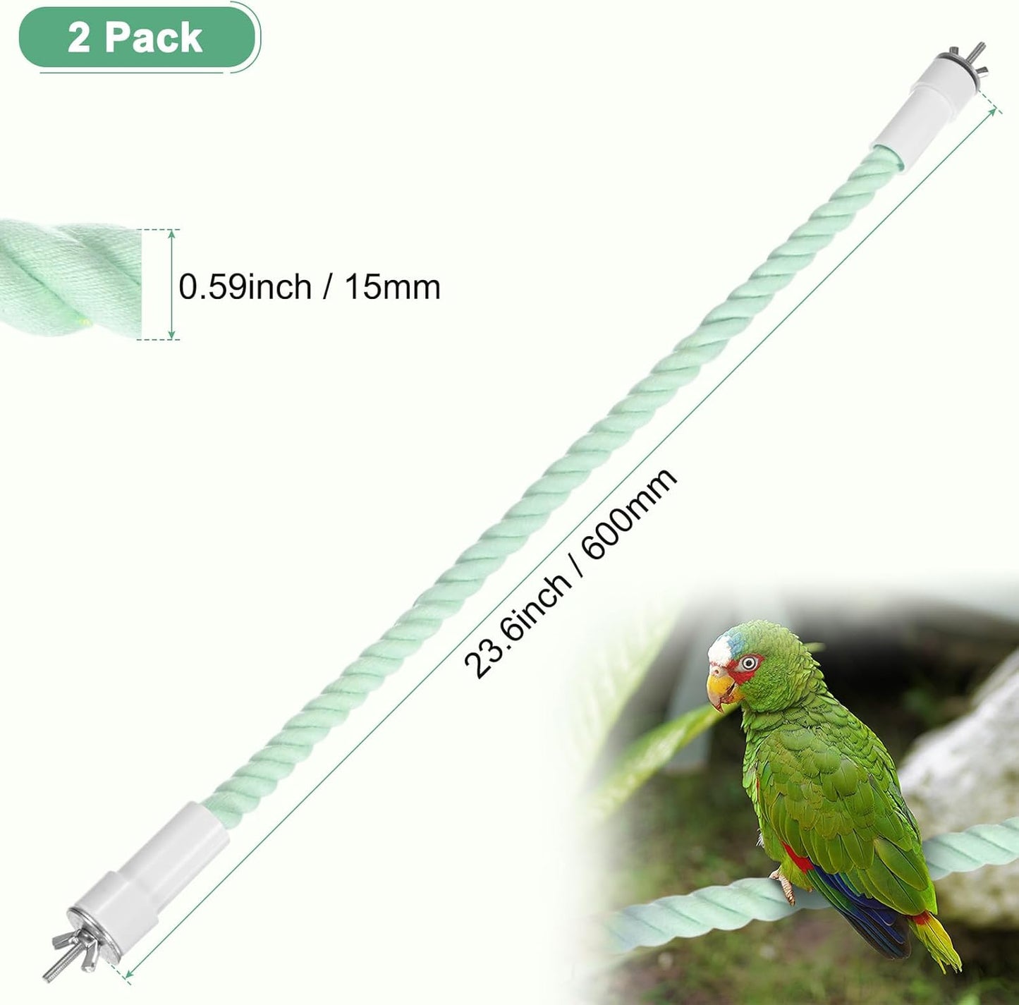 2-Pack Rope Perches for Bird Cages, 23.6 in Length Comfort Grip Flexible Rope Perch Beak & Paw Grinding for Parrots/Cockatiels/Parakeets, Bird Platform Sand [Cyan]