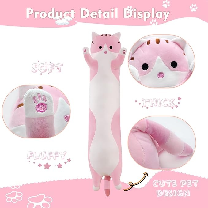 Long Cat Plush Pillow, 19.6in Cute Pink Cat Plushie Stuffed Animals Body Pillow, Kawaii Kitten Soft Plushie Doll Toy Birthday Gift for Kids Girlfriend