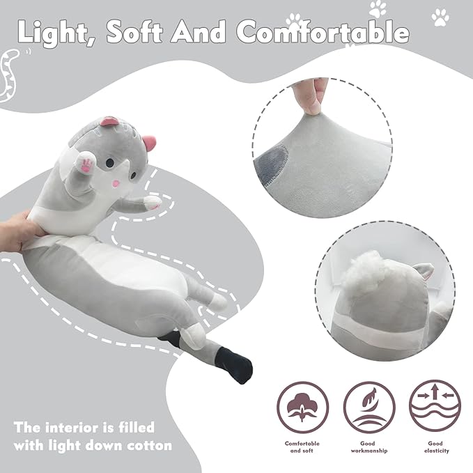 Long Cat Plush Pillow, 43.3in Cute Cat Plushie Stuffed Animals Body Pillow, Grey Kawaii Kitten Soft Plushie Doll Toy Birthday Gift for Kids Girlfriend