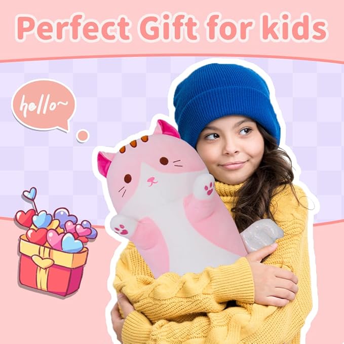 Cute Cat Plush Pillow, Pink Long Kitten Plushie - Soft Kawaii Cat Stuffed Toy for Kids (70cm/27.5inch)