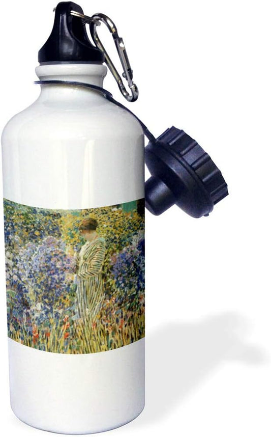 3dRose "Lady in a Garden by Frederick Frieseke Impressionist" Sports Water Bottle, 21 oz, White