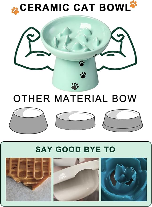 Y YHY 6 Inches Cat Slow Feeder Bowl, Elevated Dog Feeder, Ceramic Anti-Vomiting Bowl for Dry and Wet Food, Green