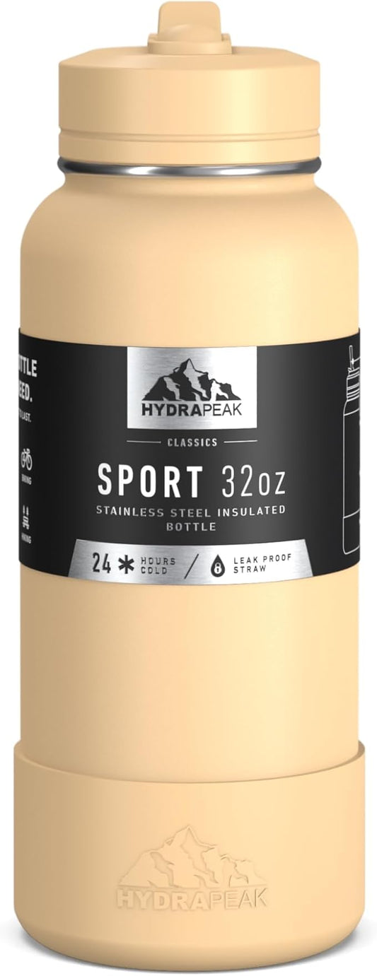 Hydrapeak 32oz Sport Insulated Water Bottle with Straw or Chug Lid, Leak & Spill Proof, Keeps Drinks Cold for 24 Hours, Hot for 12 Hours, Premium Stainless Steel Water Bottles (32oz, Creamsicle)