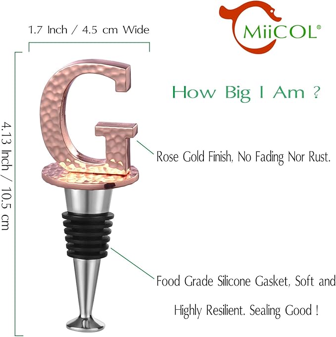 Miicol Wine Stopper, Prosecco Stopper, Wine Bottle Stopper, Personalised Champagne Stopper, Rose Gold Wine Accessories, Wine Lovers Gift, Monogram Gift, Letter G