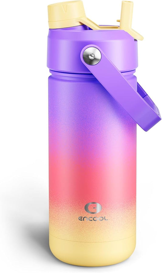 Insulated Water Bottle with Straw Stainless Steel Water Bottle, Leak-Proof, BPA-Free, Double Wall Vacuum Keeps Cold for 24 Hours for Sports, Travel, School (18 oz, Peach Dream)