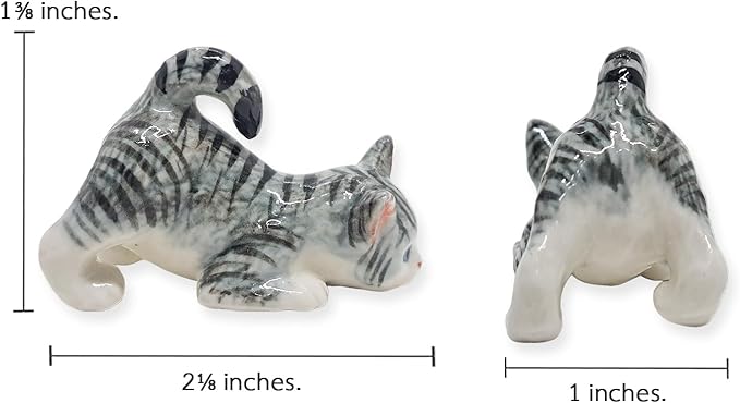 WitnyStore Tiny 2⅛" Gray White Tabby Shorthair Cat Bending Down Figurine - Miniature Hand Made Painted Ceramic Cats Kitten Feline Animal Cute Porcelain Decorative Collectible Figurines Décor Gifts