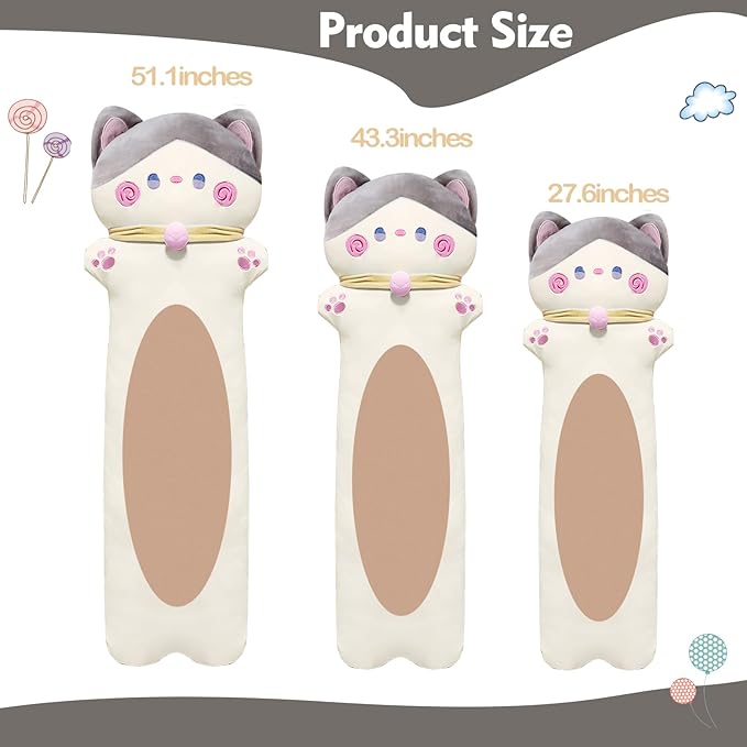 Long Cat Plush Pillow, 51.1inches Cute White Cat Plushie Stuffed Animals Body Pillow, Kawaii Kitten Soft Plushie Doll Toy Birthday Gift for Kids Girlfriend