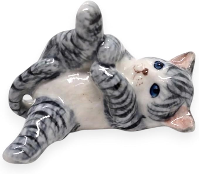 WitnyStore Tiny 1¾" Long White Gray Tabby Shorthair Cat Lying Leg Up Figurine - Miniature Hand Made Painted Ceramic Cats Kitten Feline Animals Cute Porcelain Decorative Collectible Figure Décor Gifts