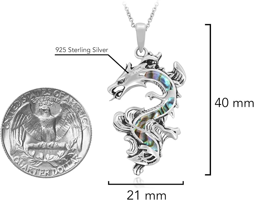 AeraVida Legendary Chinese Dragon Charm Stone Inlaid Accent .925 Sterling Silver Pendant on 18-inch Chain Necklace | Dragon Jewelry Necklace Accessory for Men Women Unisex