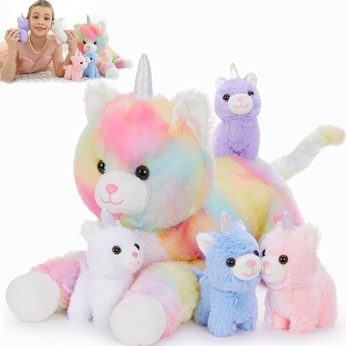MorisMos Cat Unicorn Stuffed Animal with Baby Kittens, 24'' Mommy Cat and 4 Baby Kitty Stuffed Animals, Large Rainbow Caticorn Plush Pillow, 5Pcs Kitty Unicorn Plush Toys for Girls Boys Birthday Gift